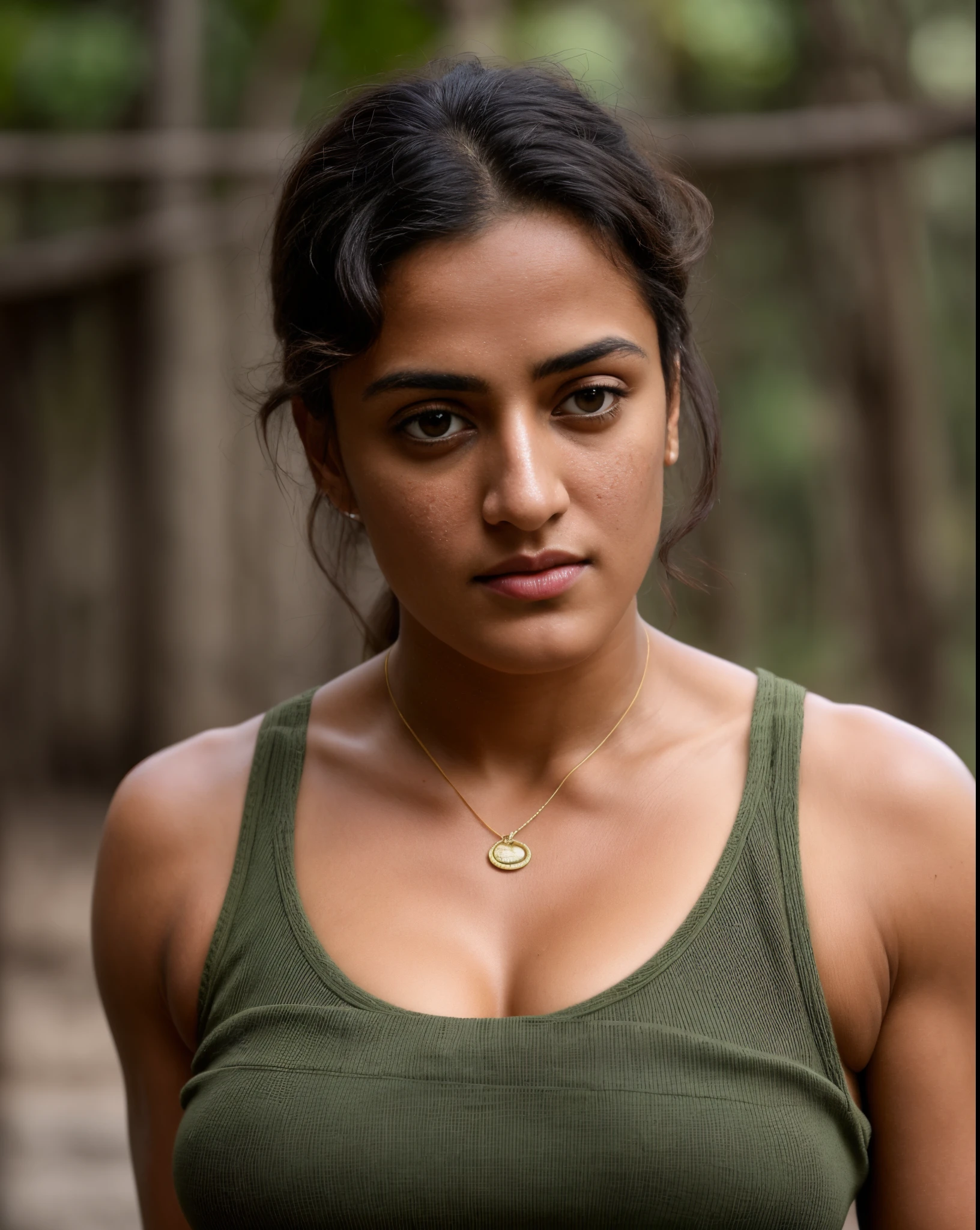 Face of PV Sindhu and Tapsee Pannu, perfect thick dusky Beauty, dynamic lighting, wearing olive green Knit Cami top, She is the combination of Beauty and power, detailed hairy armpits, super hot cop, mascular Woman doing exercise, full of sweat, sweaty body, sweat, shiny skin, movie stills, cinematic portrait, cinematic Lightning, Highest quality, (dramatic lighting:0.7), masterpiece, high angle shot, perky breast, big tight breast, RAW photo of (pale 45 year old military Special Force woman with short styled hair, mascular woman with heavy physique, looking up at the viewer), cute, Extremely sweat, (wearing sleeveless
square neck vest, thin cotton ), doing free hand excercise in a military camp in jungle, portrait, perfect face, beautiful eyes, vivid detail, (highly detailed skin), freckles, sfw, (blue tint:0.6), (dirty:0.8), (bloody:0.7), key lighting, (backlighting:0.5), medium depth of field, photographed on a Canon 5D, 50mm lens, F/4 aperture, (hyperdetailed, intricate details), sharp focus, muted colors, 8k, absurdres, 8mm film grain, war photography, perfect eyes, detailed eyes, sharp focus,