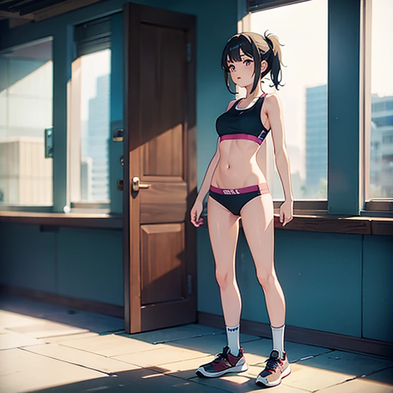 woman, sports bra and panties, socks, shoes, full body, standing