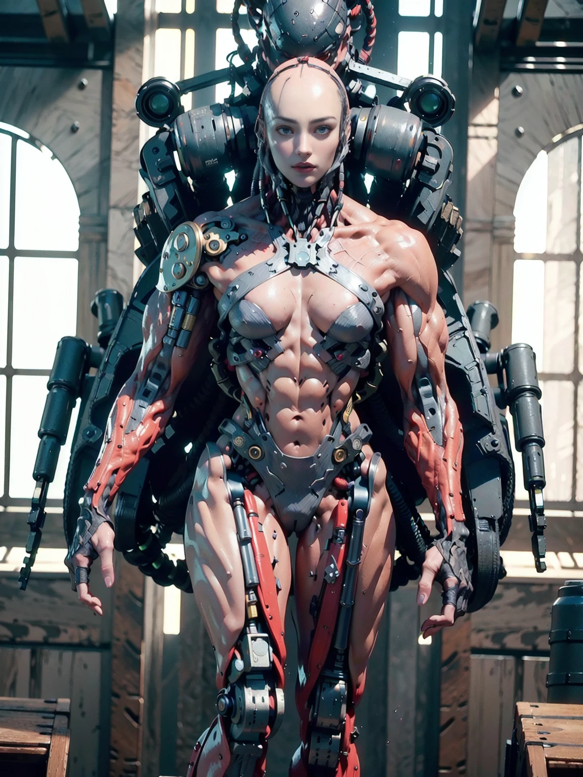 (beautiful muscular female cyborg:1.25), (megan-fox:1.5), (full body pose), (mechanical muscles and tendons:1.5), (no hair), (bald head covered in cables:1.5), (robotic mechanical physique:1.5), (super muscular female cyborg:1.5), (covered in cables and mechanical muscles:1.5), (android muscular anatomy:1.5), (perfect fingers:1.25),(8k, RAW photo, photorealistic:1.25), sci fi atmosphere, futuristic dystopia, alien landscape,