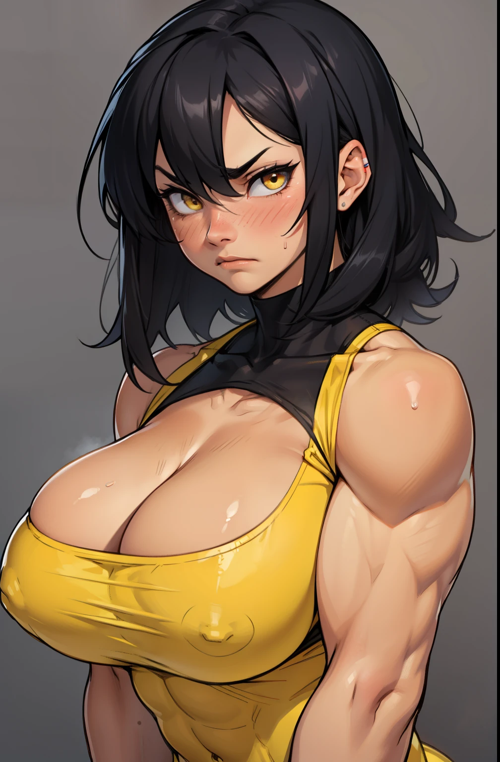 muscular girl huge breasts black hair yellow eyes frown sad blushing