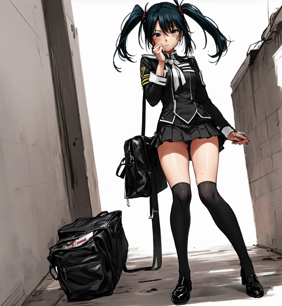 A beautiful girl with dark green twin tails and beautiful legs is wearing a black miniskirt uniform and black knee socks and is standing with an embarrassed expression on her face.。