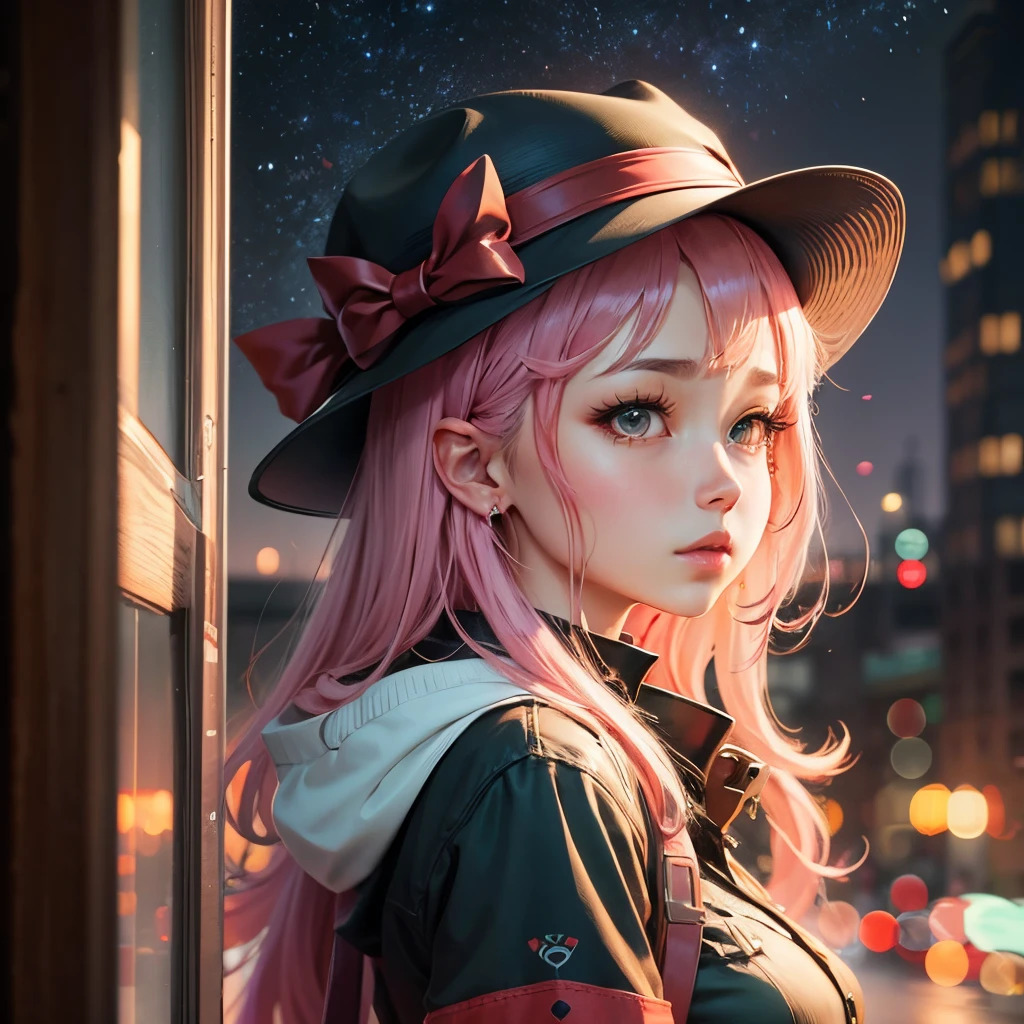 anime girl with pink eyes and a red hat looking at the stars, an anime drawing by Yuumei, pixiv, digital art, anime style 4 k, anime art wallpaper 4 k, anime art wallpaper 4k, anime wallpaper 4 k, anime wallpaper 4k, 4k anime wallpaper, nightcore, anime art wallpaper 8 k, anime vibes --auto --s2