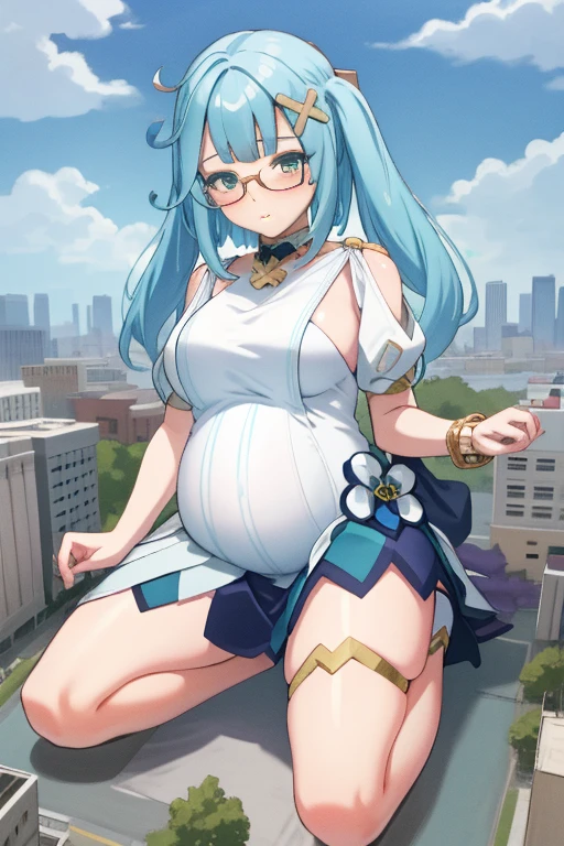 Giant maiden,Moe two-dimensional style,Pregnancy status,Round belly,Gaze at the bustling city, Looking at viewer, Blush, Pout, Tsundere, Lying down, Glasses, Full body