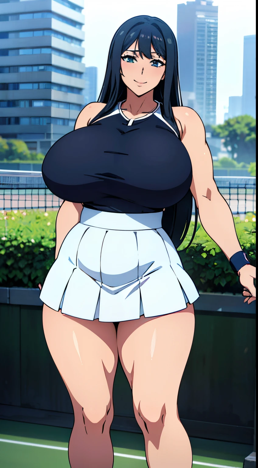 high quality, masterpiece, (photographrealistic:1.4), 8K, big chest, Seductive Anime woman, oppai proportions, Photorealistic, perfect body, Voluptuous body, curvy body, Naughty anime style, plump, Erotic cartoon style body, Married woman's big ass, Married woman atmosphere, mamma size, (gigantic breasts:1.5), colossal breasts, (smile), aroused, (muscular:1.2), doroppy breasts, thick Thighs, clavege, ((tennis player)), 37-year-old, (white tennis uniform), micro skirt,