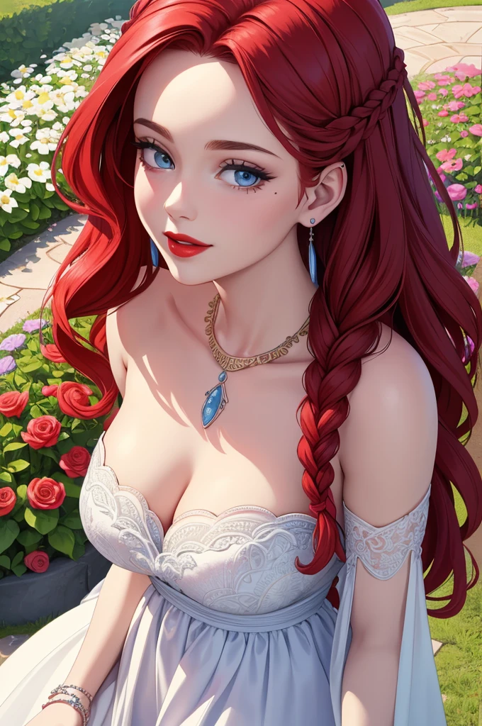 Illustration at a flower garden one woman, long red hair braided, Beautifully detailed blue eyes. Beautifully detailed red lips There is a mole at the corner of the right eye1 Wear a white strapless dress with a necklace and earrings for spring. (Best quality 4k high definition masterpiece...: 1.2) Very detailed ( Realistic:1.37)smile, Art masterpieces at the scene , Look straight at the camera..