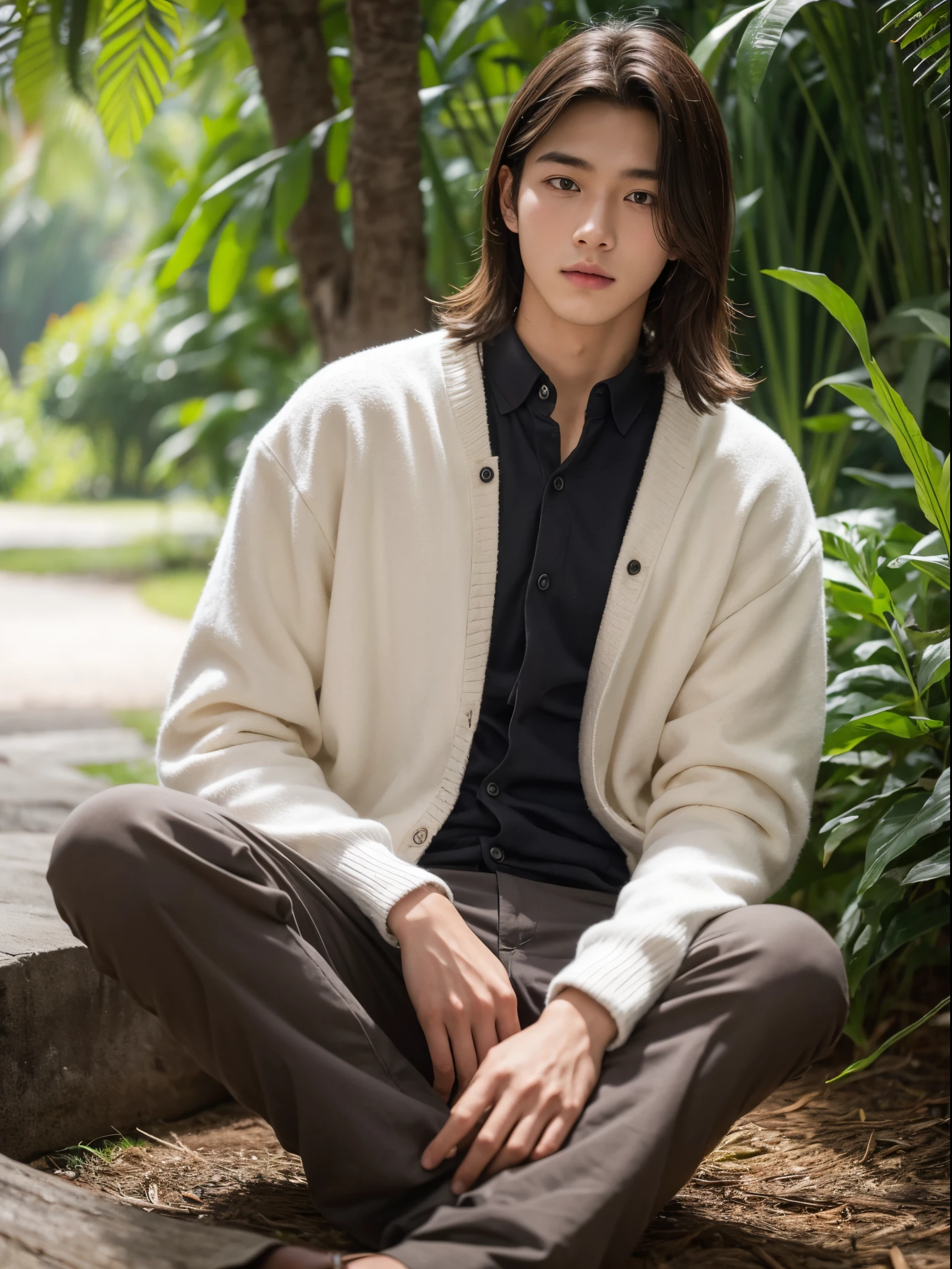 boy, 17 y.o, handsome, middle parted hair,    plantation