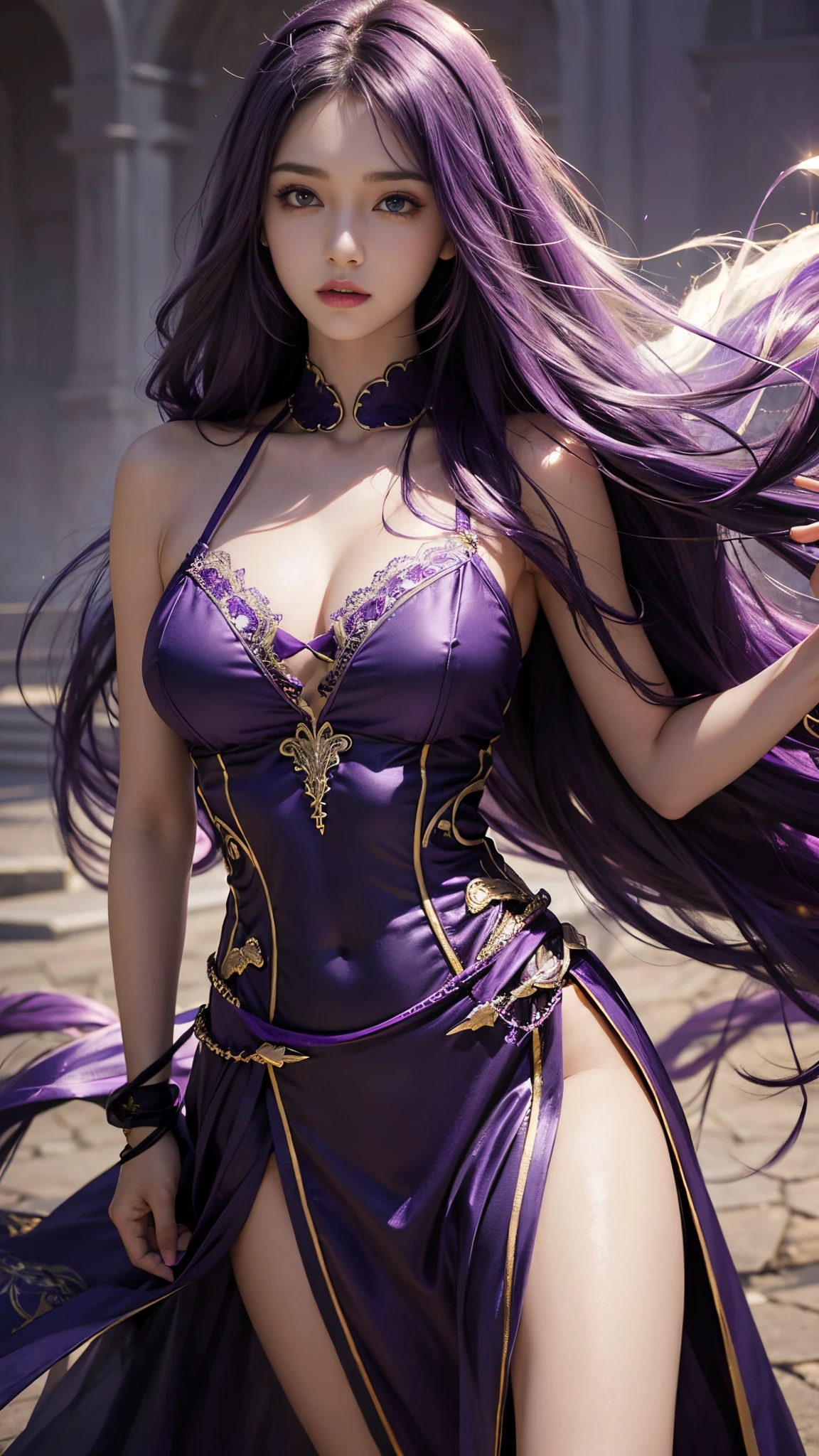 model shoot, (1 girl), long hair, purple hair, Islamic warrior, purple outfit, laces, shining:1.5, hyper realistic, super detailed, Dynamic shot, masterpiece, scene sharp détails, perfect eyes, perfect skin, perfect hands, attractive poses,