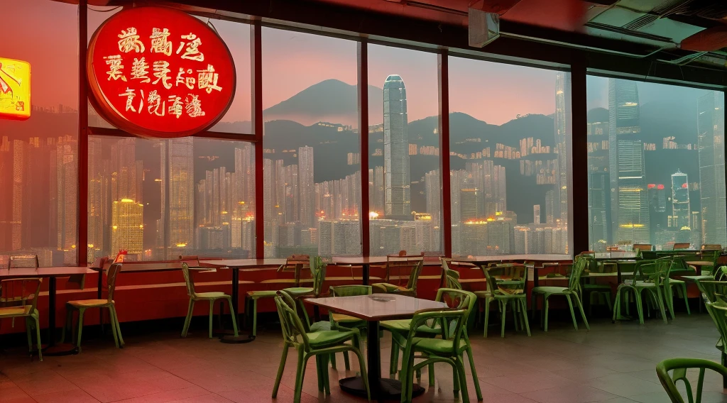 hong kong wall city, food court, chinese coloring, future style, sunset, big windows, red and moss green,many chairs, neon light, nighttime