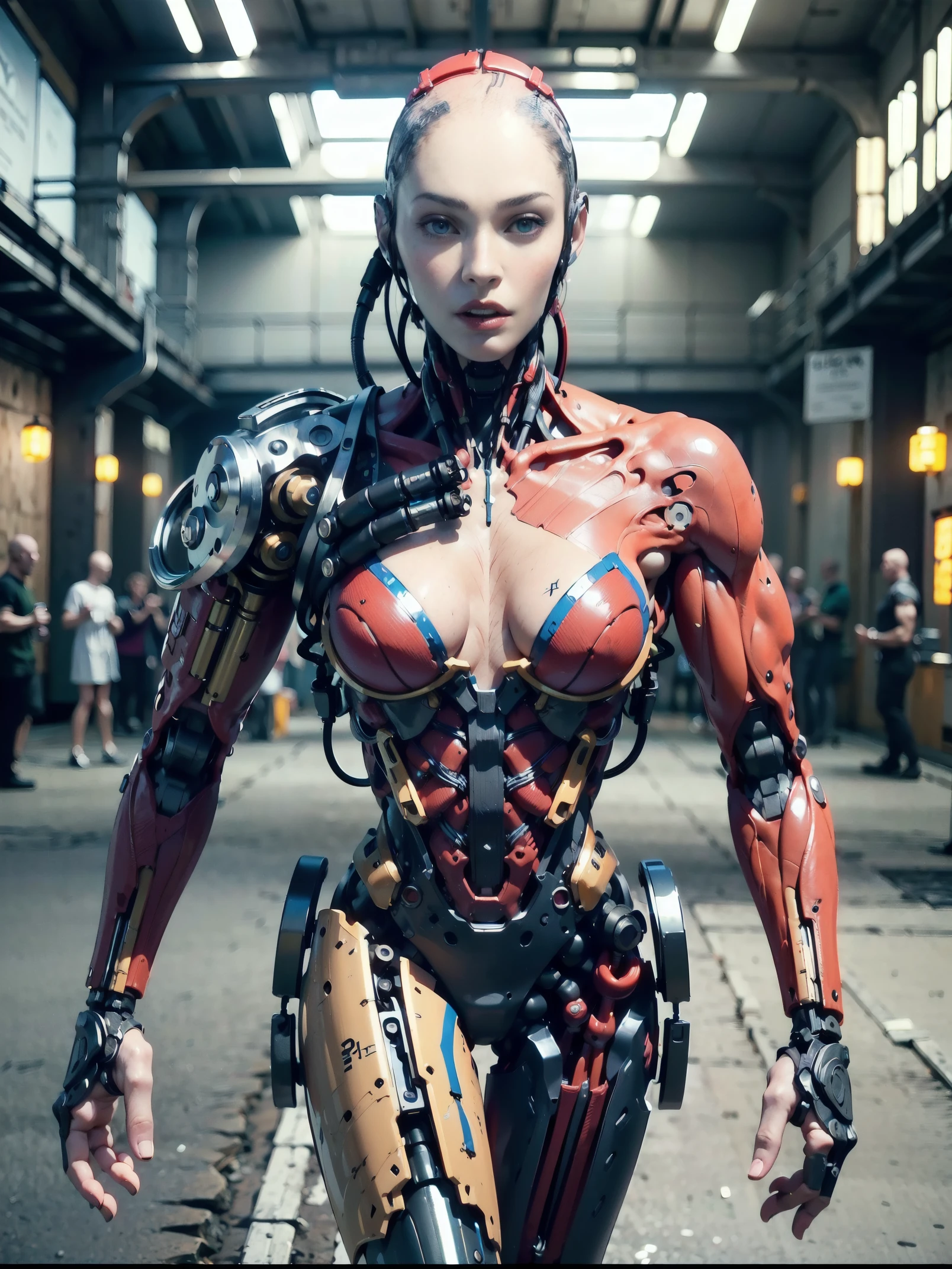 (beautiful muscular female cyborg:1.25), (megan-fox:1.5), (full body pose), (mechanical muscles and tendons:1.5), (no hair), (bald head covered in cables:1.5), (robotic mechanical physique:1.5), (super muscular female cyborg:1.5), (covered in cables and mechanical muscles:1.5), (android muscular anatomy:1.5), (perfect fingers:1.25),(8k, RAW photo, photorealistic:1.25), sci fi atmosphere, futuristic dystopia, alien landscape,