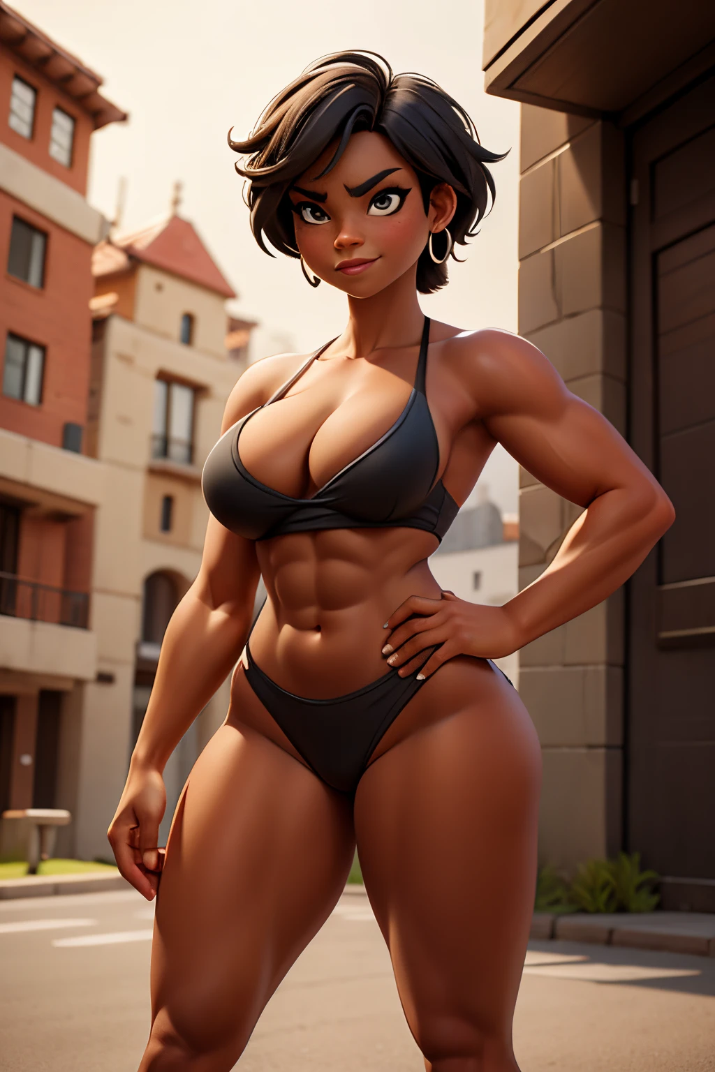 (best quality, masterpiece), vibrant colors, gorgeous black muscle mommy, dask skin, muscular arms, perfect abs, very short black hair, (big body:1.5), nasty, lewd, provocative, nudity, gorgeous, pixar, seductive, random provocative pose, muscular thighs, medium breasts