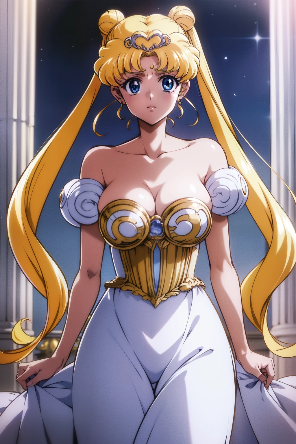 SMU Sagitsukino, Big, Standing, Solo, Masterpiece, Best Quality, Detailed face, Detailed Eyes, high resolucion, Masterpiece, Best Quality, Detailed face, Detailed Eyes, high resolucion, SMPrincessCostume,Serenity,Princess Serenity,Neo Queen Serenity,pectorals,Big,Huge,Plump breasts.a blond,Dango hair,Royal breasts,breast