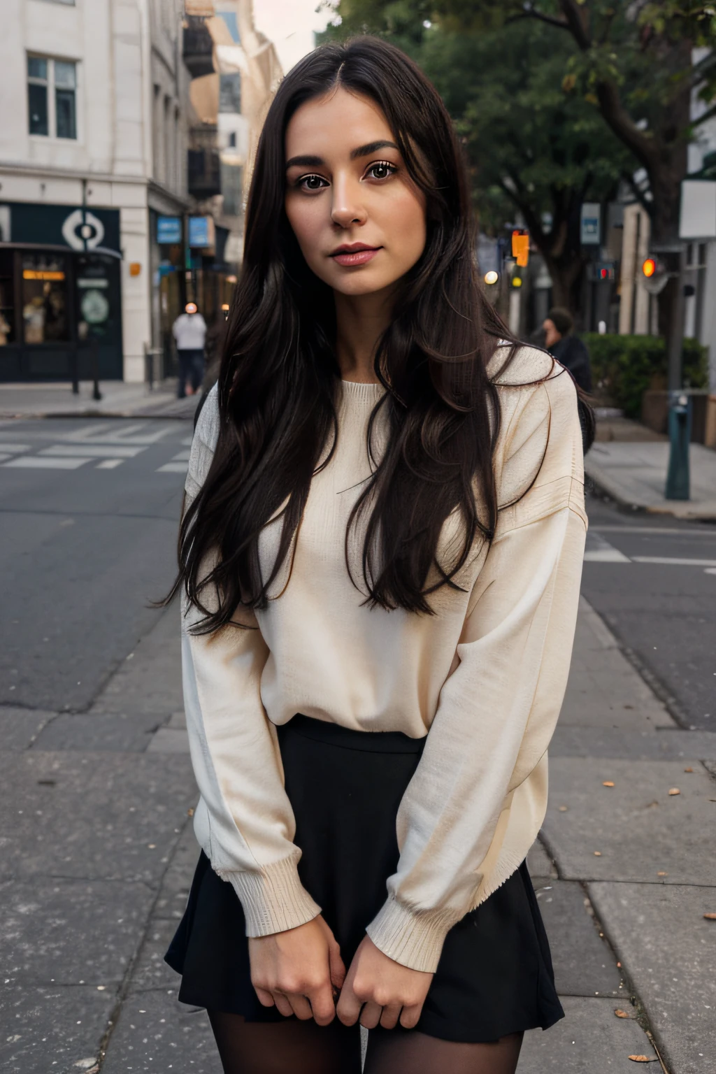 1girl, Solo, One woman of about 25 years old, black long hair, Close-up portrait, Hazel eyes, Bewitching look, Inviting look,sweater, black skirt, black pantyhose, standing outside, street photography, mature woman, body measurement 36-25-35, RAW Photography, 8k, , Masterpiece, Full Body Shooting, Top Quality, Fine Pore, Realistic, Photorealistic, Ultra Detailed