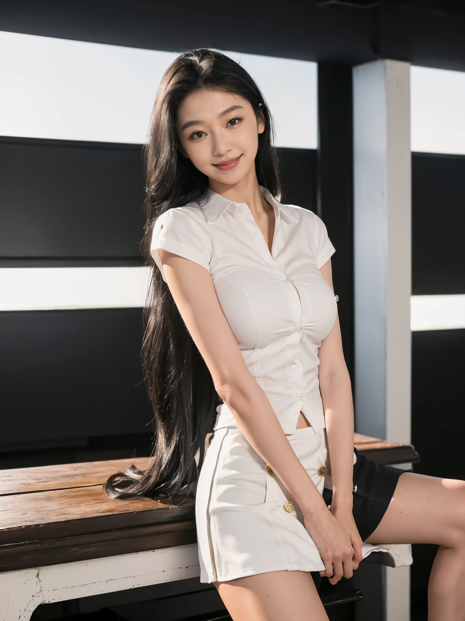 ((tmasterpiece, Best quality at best)), (1个Giant Breast Girl), (Alone), (Do yoga), (Black hair, Very long hair), clear smile, with her mouth open, ((white shirt), (button- shirt), (Clearance button)), ((Black dress), (short skirt)), Permanent, white backgrounid, Place your arms behind your back, dynamic angle