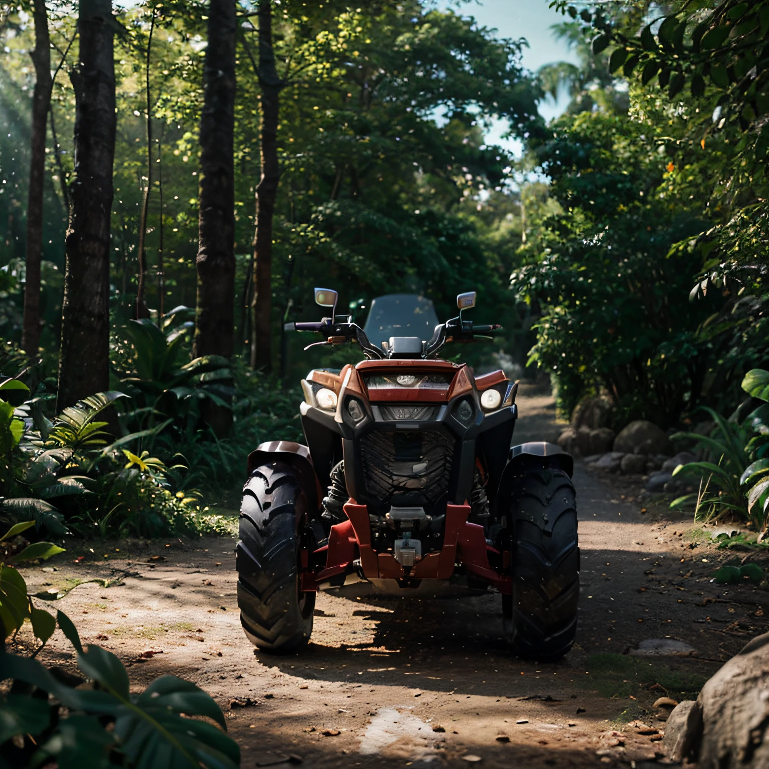 ((um trator Yanmar vermelho)) estacionado ao fundo vemos uma floresta tropical. Uma foto realista de uma floresta tropical em primeiro plano passando rapidamente por uma trilha, ao fundo vemos um riacho com correnteza e pedras e um homem com seu caiaque passando pela correnteza, luz do final da tarde. Foto com lente de 25mm, Velocidade do obturador 1/1000, F/22, White balance, 32k, super resolution, Pro Foto RGB, Meia luz de fundo, luz de fundo, dramatic lighting, Incandescente, soft lighting, volumetric, Conto -Dia, global ilumination, Global Screen Space Illumination, Scattering, Sombras, Rough, bruxuleante, Lumen reflections, screen space reflections, diffraction classification, chromatic aberration, Deslocamento de GB, Linhas de varredura, Ambient occlusion, antialiasing, FKAA, TXAA, RTX, SSAO, OpenGL- Shader, Poste 4k ultra-realista