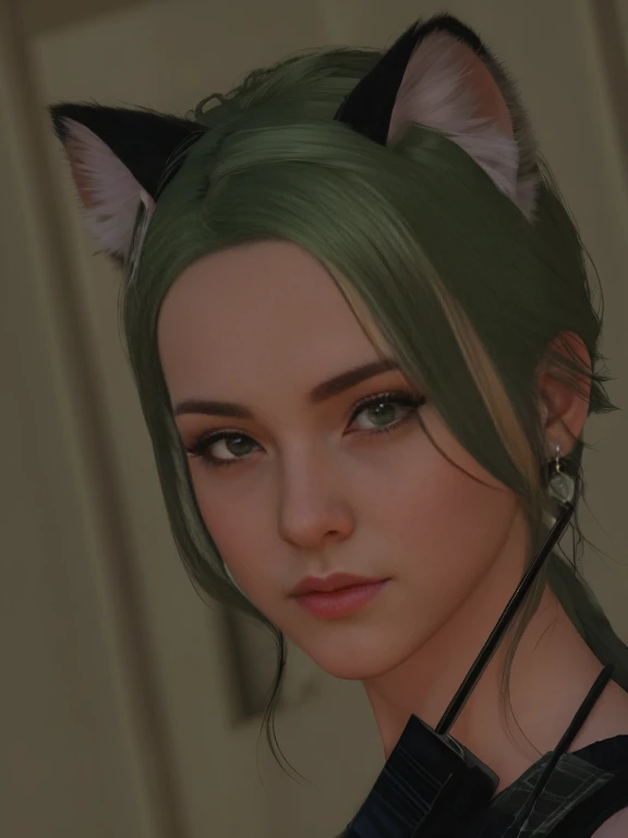 there is a woman with green hair and a cat ear, character close up, cattie - brie of mithril hall, girl with cat ears, character close-up, beautiful young catgirl, woman with cat ears, close up character, catgirl, cat ears, inspired by Sim Sa-jeong, close up face, her gaze is downcast, closeup face