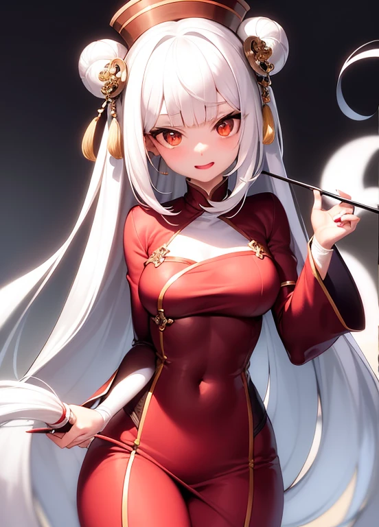 tmasterpiece, Best quality, is a perfect face, Perfect brown eyes and white sclera, bad hand 5, Alone, 1 sister, , White hair, , Hanfu, ssmile, Wide hips, Lori huge, ,High fork, pelvis curtain, navel, dual horsetail, Sash, partitures:safe