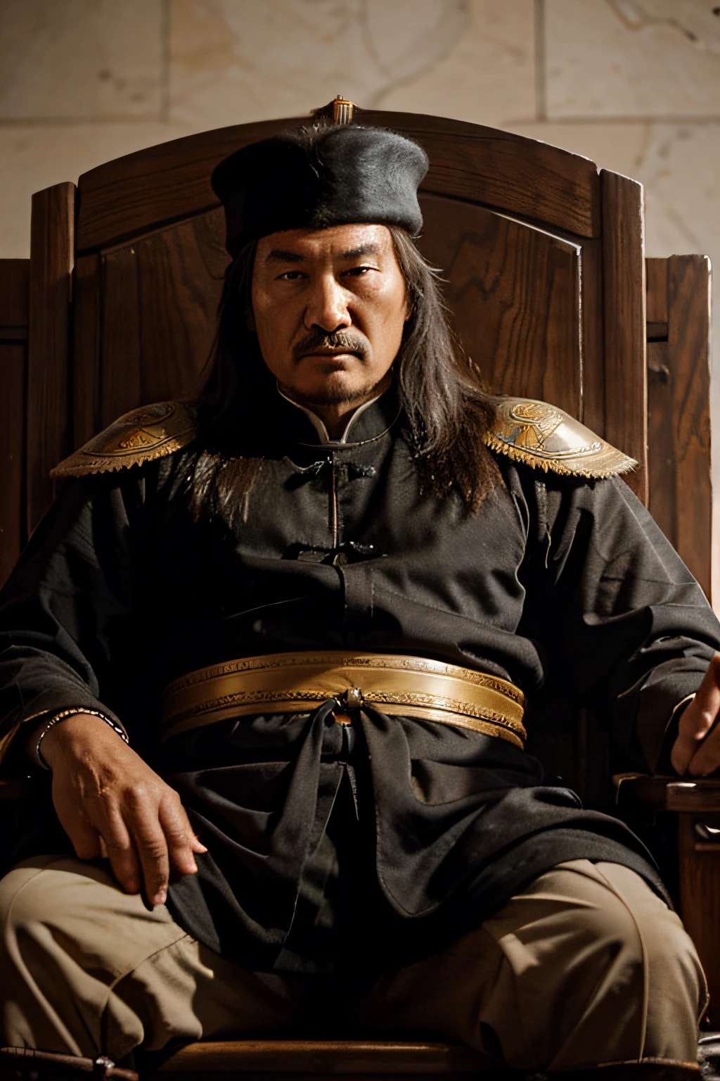 closeup of genghis khan sitting on his throne 14th century