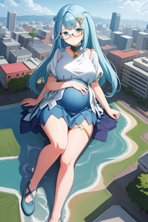 Giant maiden,Moe two-dimensional style,Pregnancy status,Round belly,Gaze at the bustling city, Looking at viewer, Blush, Pout, Tsundere, Dissapointed, Lying down, Glasses, Full body
