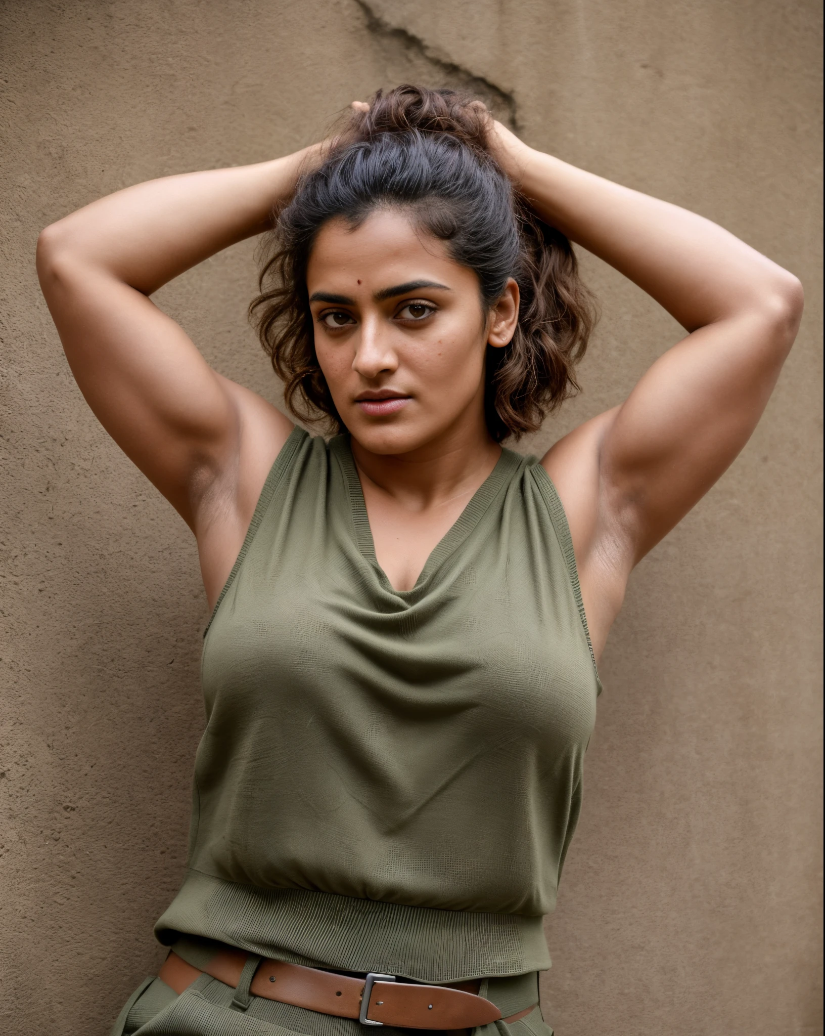 Face of PV Sindhu and Tapsee Pannu, perfect thick dusky Beauty, dynamic lighting, wearing olive green Knit Cami top, She is the combination of Beauty and power, detailed hairy armpits, super hot cop, mascular Woman doing exercise, full of sweat, sweaty body, sweat, shiny skin, movie stills, cinematic portrait, cinematic Lightning, Highest quality, (dramatic lighting:0.7), masterpiece, high angle shot, perky breast, big tight breast, RAW photo of (pale 45 year old military Special Force woman with short styled hair, mascular woman with heavy physique, looking up at the viewer), cute, Extremely sweat, (wearing sleeveless
square neck vest, thin cotton ), doing free hand excercise in a military camp in jungle, portrait, perfect face, beautiful eyes, vivid detail, (highly detailed skin), freckles, sfw, (blue tint:0.6), (dirty:0.8), (bloody:0.7), key lighting, (backlighting:0.5), medium depth of field, photographed on a Canon 5D, 50mm lens, F/4 aperture, (hyperdetailed, intricate details), sharp focus, muted colors, 8k, absurdres, 8mm film grain, war photography, perfect eyes, detailed eyes, sharp focus,