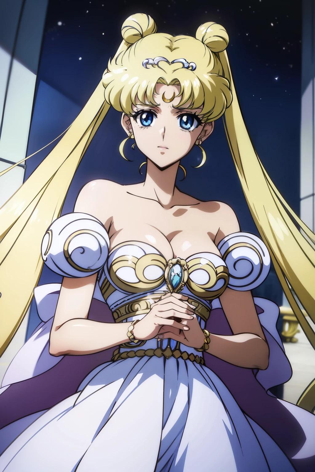 SMU Sagitsukino, Big, Standing, Solo, Masterpiece, Best Quality, Detailed face, Detailed Eyes, high resolucion, Masterpiece, Best Quality, Detailed face, Detailed Eyes, high resolucion, SMPrincessCostume,Serenity,Princess Serenity,Neo Queen Serenity,pectorals,Big,Huge,Plump breasts.a blond,Dango hair,Royal breasts,breast,forehead crescent moon