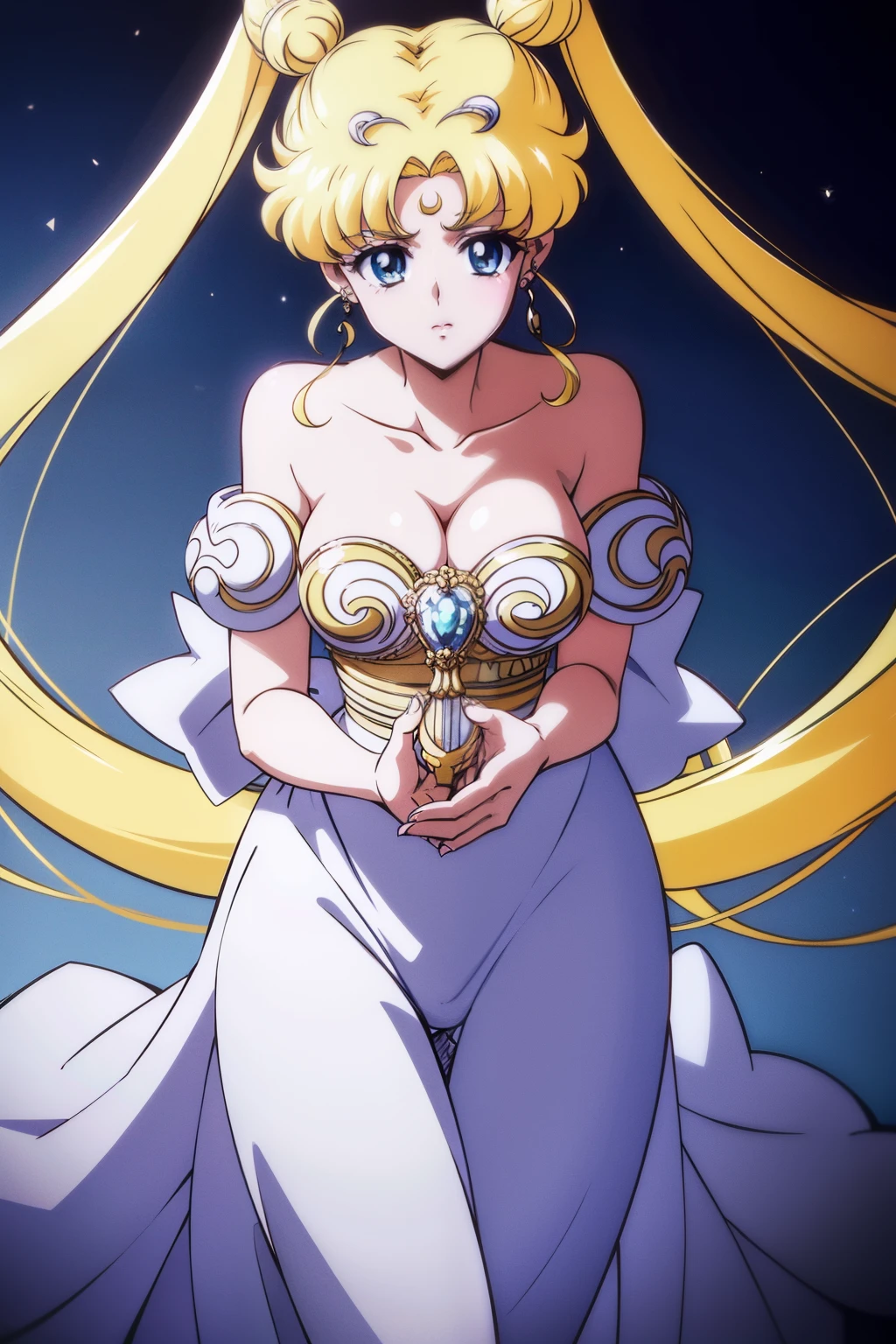 SMU Sagitsukino, Big, Standing, Solo, Masterpiece, Best Quality, Detailed face, Detailed Eyes, high resolucion, Masterpiece, Best Quality, Detailed face, Detailed Eyes, high resolucion, SMPrincessCostume,Serenity,Princess Serenity,Neo Queen Serenity,pectorals,Big,Huge,Plump breasts.a blond,Dango hair,Royal breasts,breast,forehead crescent moon