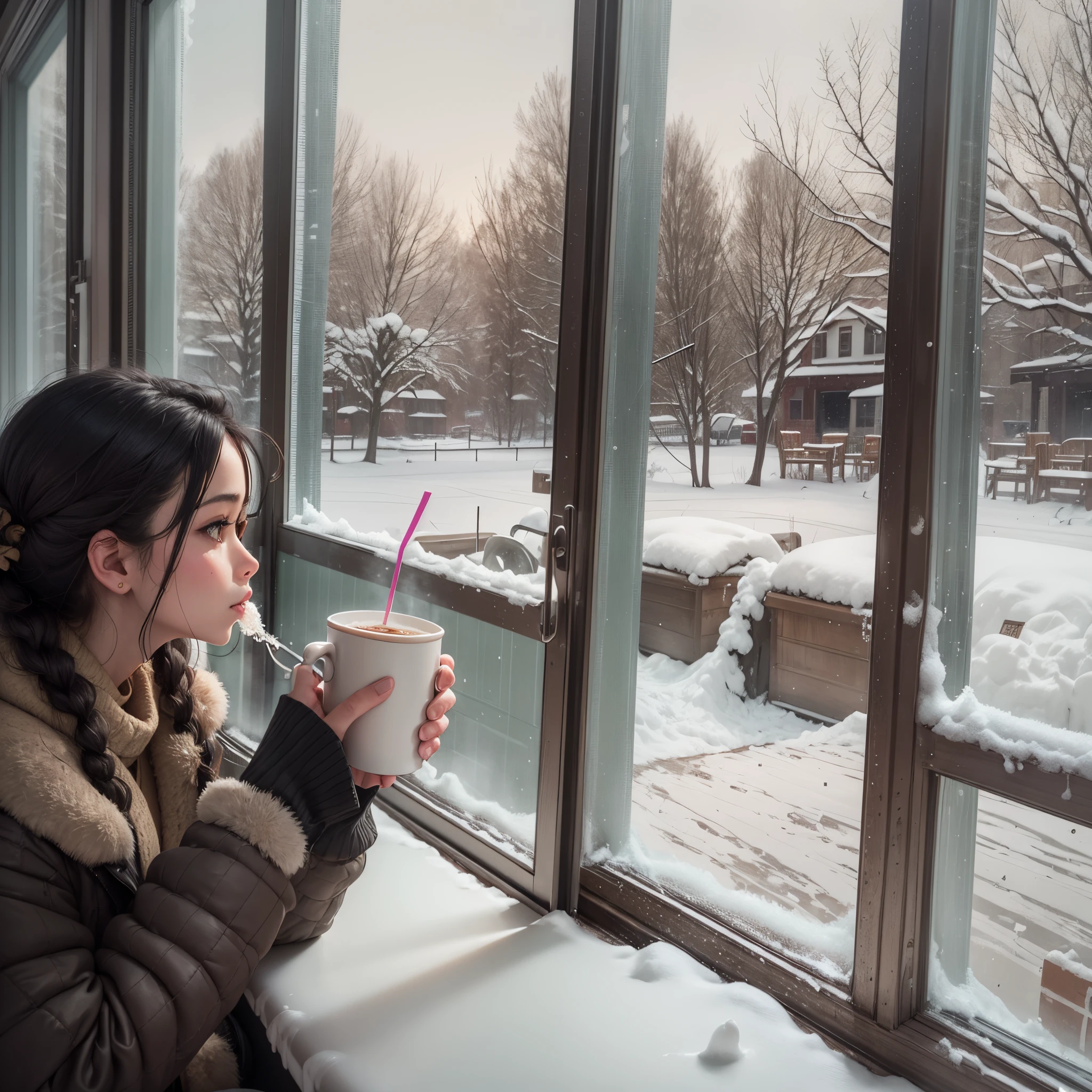 Sipping a warm drink at an old cafe and admiring the snow outside the window --auto --s2