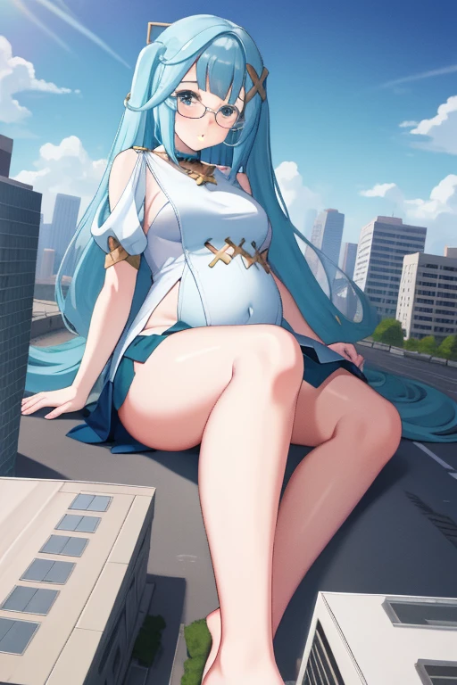 Giant maiden，Moe two-dimensional style，Pregnancy status，Round belly，Gaze at the bustling city, Looking at viewer, Blush, Pout, Tsundere, Lying down, Glasses, Full body