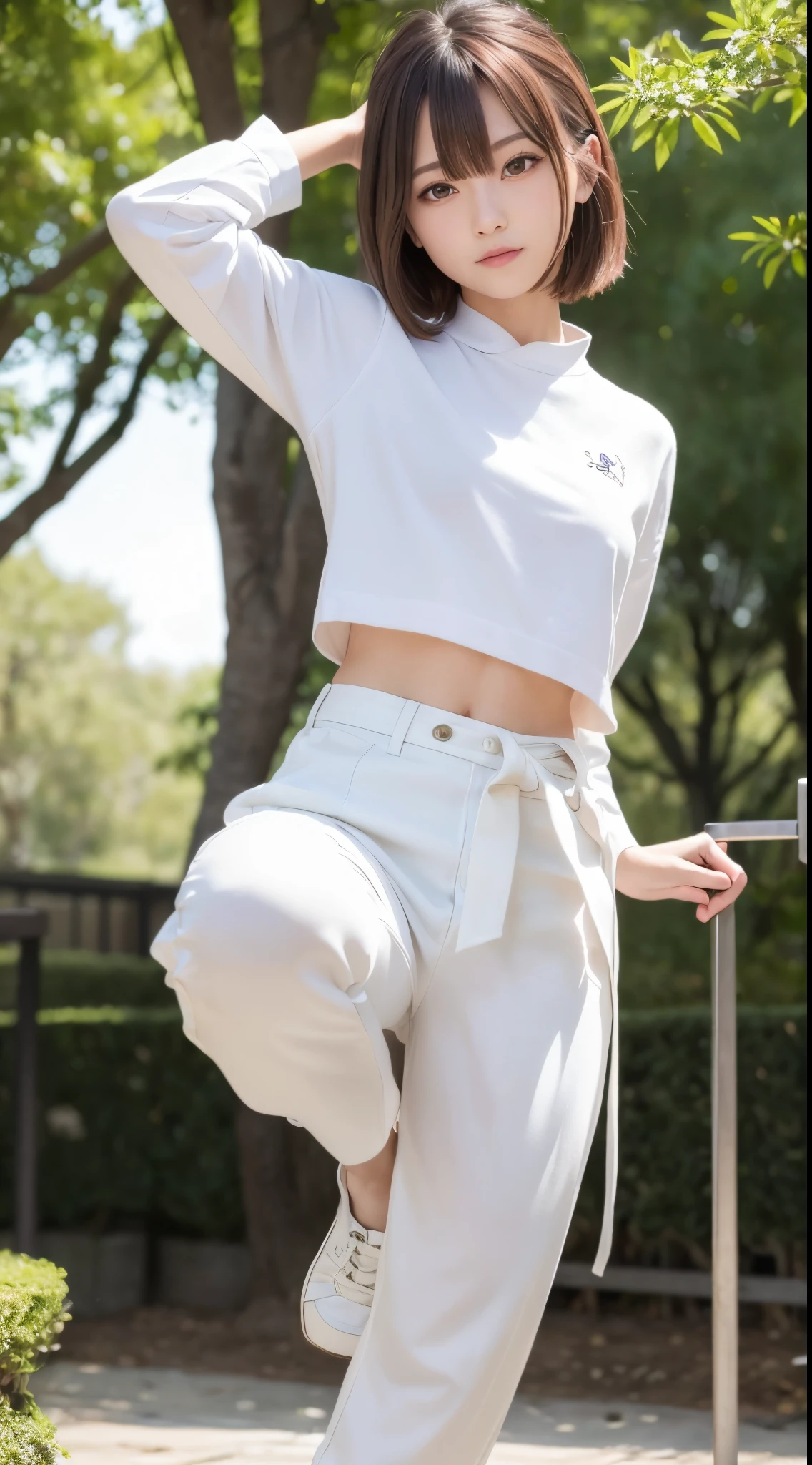 (Photorealsitic)(ers old), Pretty Woman, (Full body 8K portrait), 1 girl in, White Karate Uniform, White karate pants, Stand alone, Large and dynamic hand and foot movements, Stick out your fist, Make a high side kick, Correct skeleton, Perfect facial detail, (Smile: 1.15), attractive beautiful face, gazing at viewer, a small face, 二重まぶた, Beautiful detailed eyes, long eyeslashes, ligh brown hair, bobhair,Hairstyles in styles, Toned waist, Beautiful thin legs, toned ankles, bare-legged ,TOKYOcty, Green in the background, no nsfw