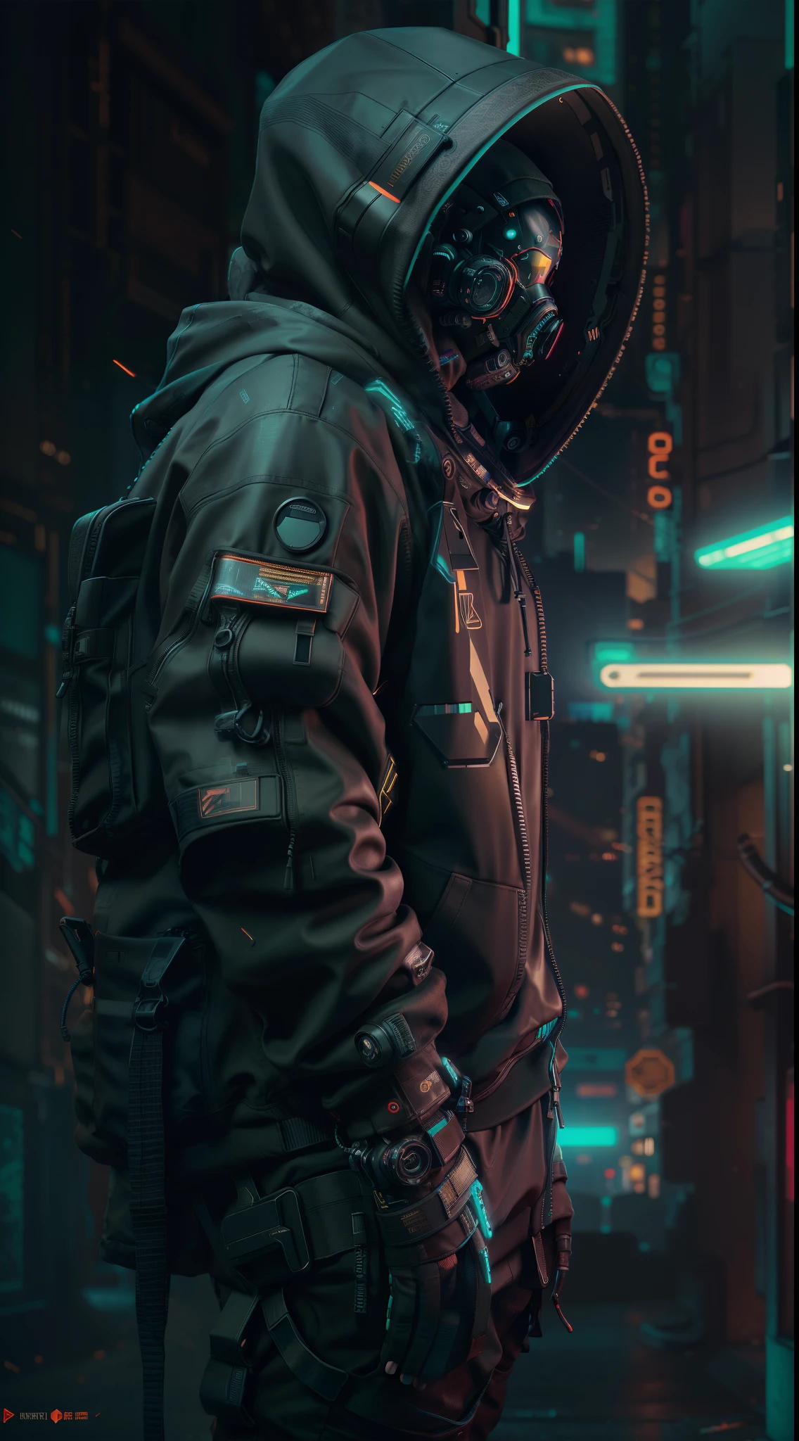(masterpiece, full body shot, intricate raw photography) Cyberpunk citizen, comfortable oversize black hoodie, black cargo pants, black clothes, dark, wearing a black helmet hitech style Astronaut, intricate, futuristic, advanced technology, dark environment, dramatic, light and shadow, cinematic, action movie, sharpness, random relaxed position, Cyberpunk City, street lights, dark street, night, Insta photo, photo of the year, octane render, substance, Maya 3D,  cinema4D, ArtStation Trending, Devian Art Trend,