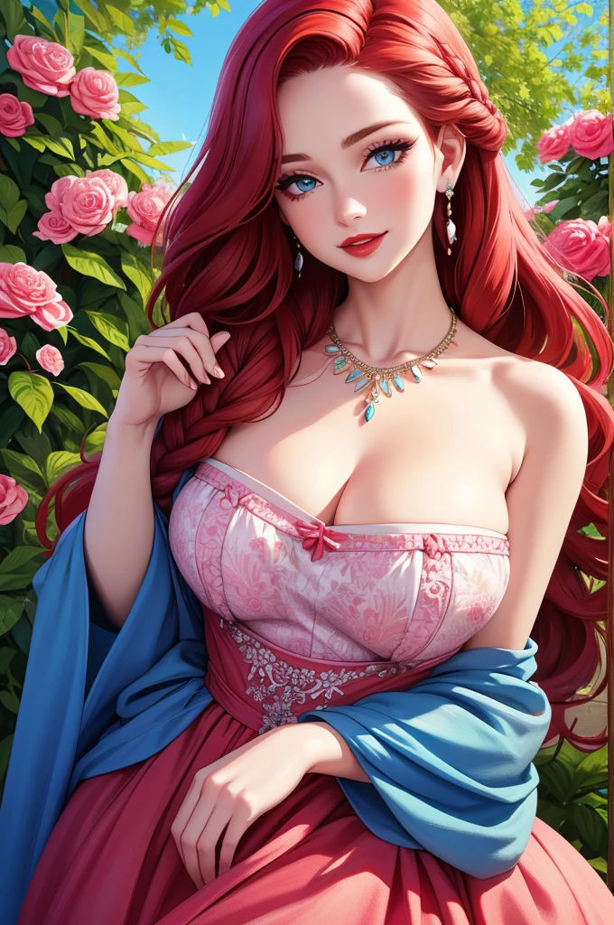 Illustration at a flower garden one woman, long red hair braided, Beautifully detailed blue eyes. Beautifully detailed red lips The eyelashes are beautiful. Wear a pink strapless dress with a necklace and earrings for spring. (Best quality 4k high definition masterpiece...: 1.2) Very detailed ( Realistic:1.37)smile, Art masterpieces at the scene , Look straight at the camera..