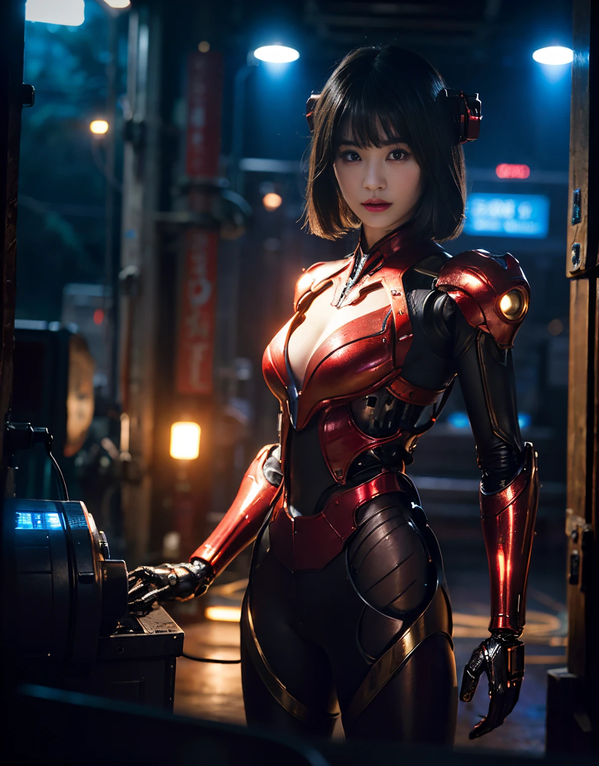 (1 mechanical girl and 1 alien)、(Mystical expression)、top-quality、masterpiece、超A high resolution、(Photorealsitic:1.4)、Raw photo、女の子1人、glowy skin、(((1 Mechanical Girl)))、(Red Metal Bodysuit)、(Natural alien background to fight aliens)、(Small LED)、((super realistic details))、vertical giant monster background),globalillumination、Shadow、octan render、8K、ultrasharp、Robot background、Colossal tits、Raw skin exposed in the cleavage、red metal、Details of complex ornaments、Japan details、highly intricate detail、Realistic light、(Mystical expression),CG Society Trenlow Eyes、Eyes shining towards the camera、Mechanical marginal blood vessels connected to neon detail tubes)、(Wires and cables connecting to the head)、Small LED、,Mechanical thighs、Toostock、(Hands are also made of machines)、机器人、future alien、Please wear a mechanical helmet、