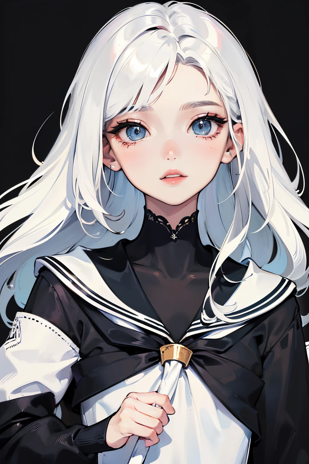 ((tmasterpiece))，(best qualtiy)，The upper part of the body，(ultra intricately detailed)，(Highest Definition)，(8K)，(Clean lines)，(Perfect facial features)，(offcial art)，1little girl，matchless beauty，neat and clean clothes,Black sailor suit,With bangs,totally white,long white hair,Blue eyes