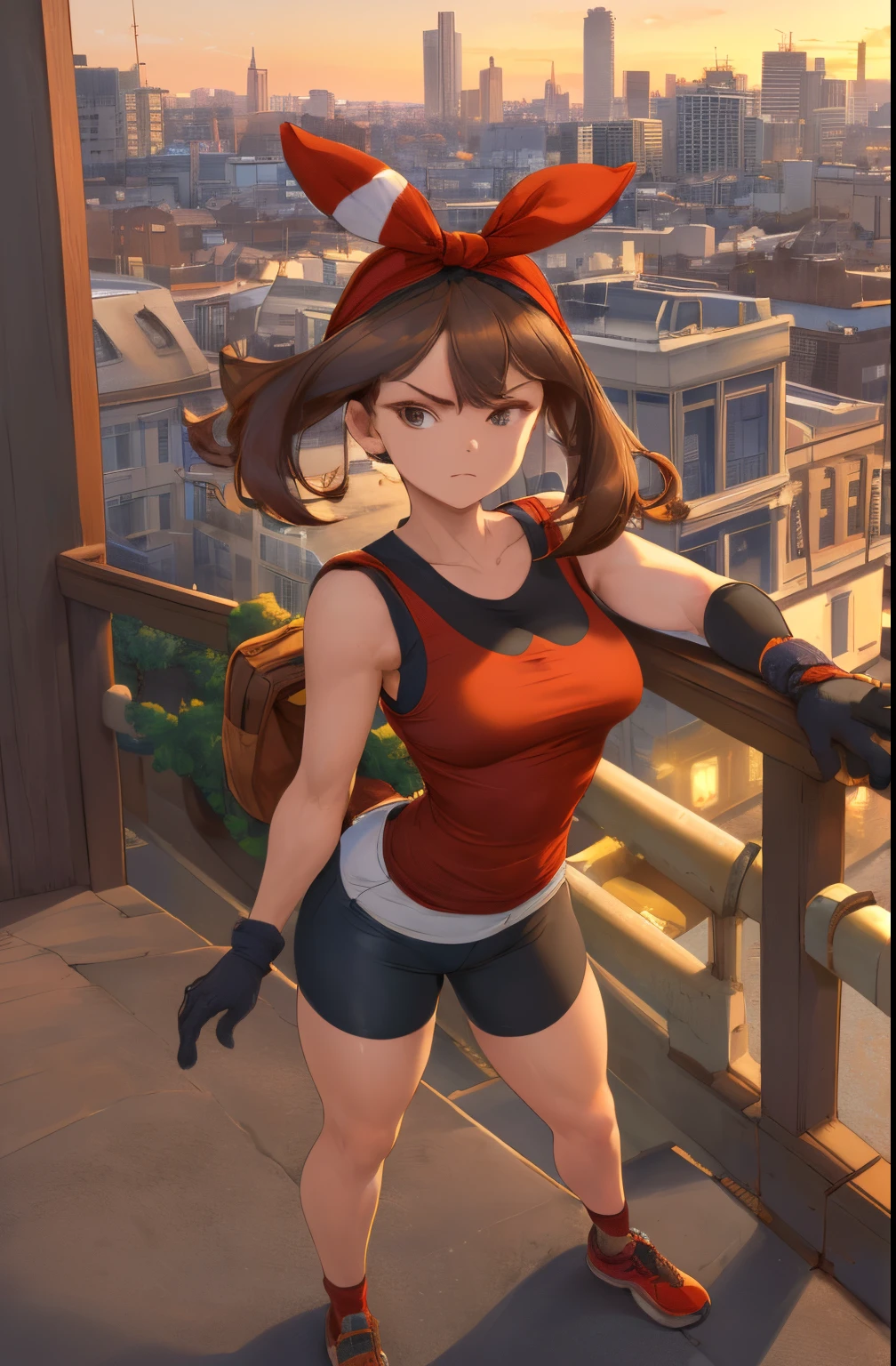 masterpiece, highest quality, detailed face, bokeh, Highly Detailed, (CineColor:1.3), (Realistic:1.3), full body, brown hair, may, shirt, bike shorts, bandana, red shirt, hairband, medium hair, gloves, shorts, bow hairband, sleeveless, red bandana, serious expression, standing, city background, dusk, viewed from the front