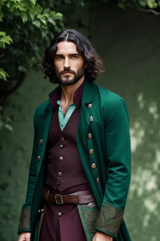 male. apothecary in a fantasy world. He has medium wild dark hair, striking green eyes, and wears a dark maroon shirt under a dark green turquoise coat, medieval
