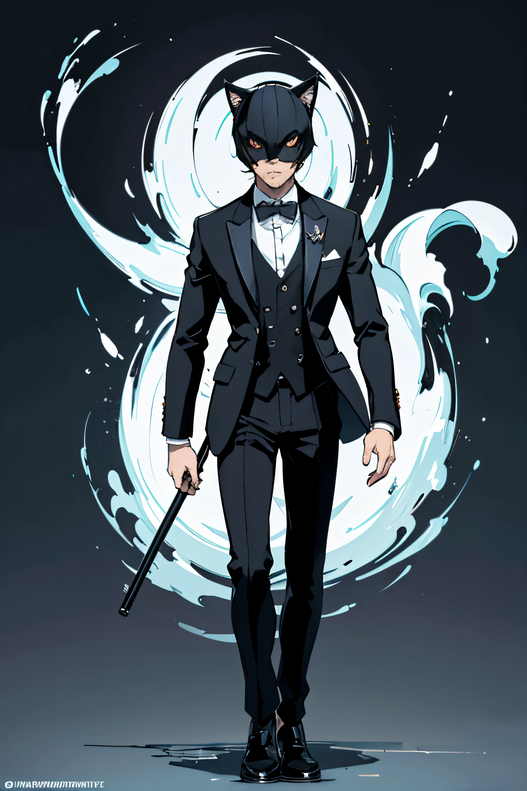 full body shot, There's a man in a tuxedo and a cat mask in low pole rendering with a bow tie, un rendu low poly par Kanbun Master, reddit, digital art, smoking, Photo de profil Discord, fvckrender, Discord PFP, Portrait NFT, elegant, Il porte un haut-de-forme, Samdoesart, SamdoesArts, L’art NFT, masque blanc