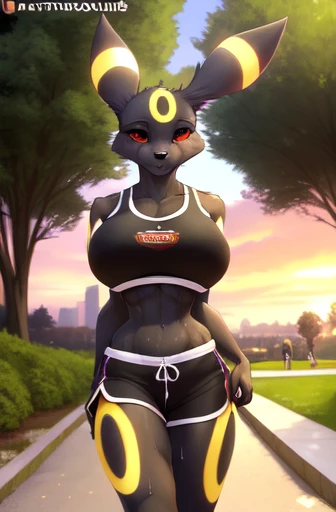 uploaded on e621, explicit content, 3d:0.4, (bastika, cutesexyrobutts, hioshiru), (furry, anthro:1.2), female, solo, umbreon, early morning, dusk, park setting, walking trail, running, (sports bra, exercise shorts), sweaty, sweating, damp bra, panting, clothed, clothing, large breasts, natural breasts, nipples visible through bra