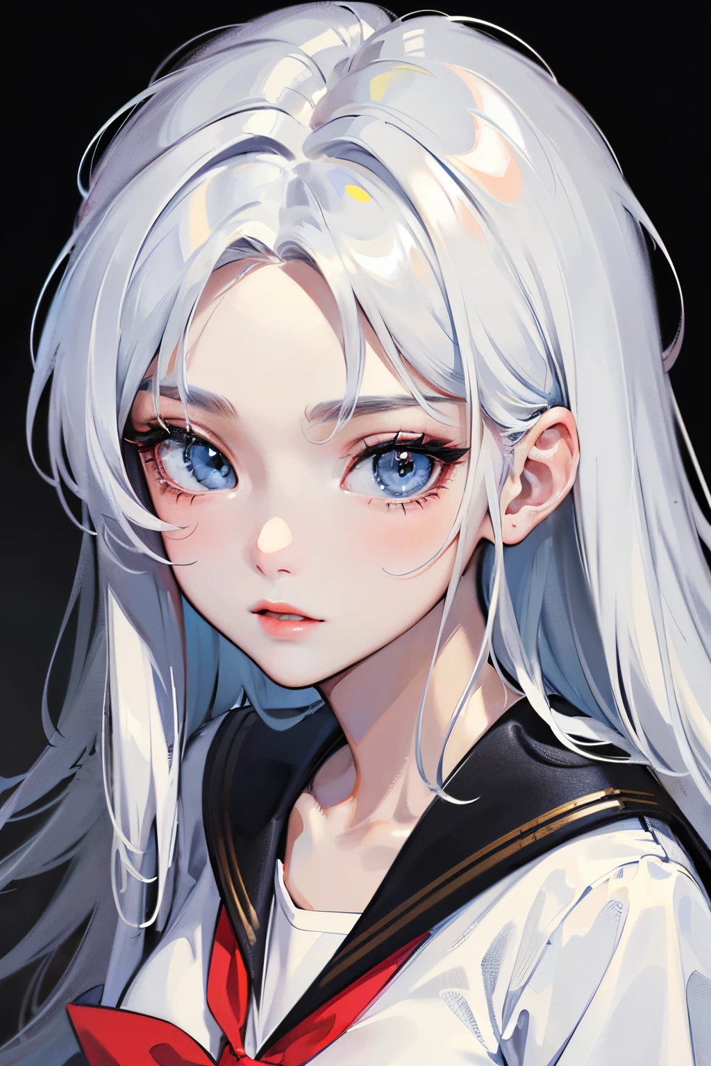 ((tmasterpiece)),(best qualtiy),The upper part of the body,(ultra intricately detailed),(Highest Definition),(8K),(Clean lines),(Perfect facial features),(offcial art),1little girl,matchless beauty,neat and clean clothes,Black sailor suit,With bangs,long white hair,Blue eyes