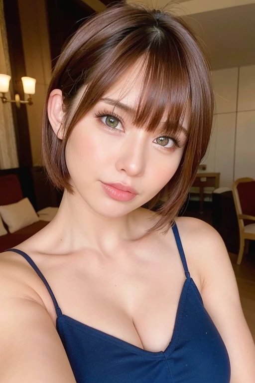 woman posing for a photo, (wearing mini_dress:1.3), pixie cut, glam makeup, good hand,4k, high-res, masterpiece, best quality, head:1.3,((Hasselblad photography)), finely detailed skin, sharp focus, (cinematic lighting), collarbone, night, soft lighting, dynamic angle, [:(detailed face:1.2):0.2],(((5 stars hotel))), outside,