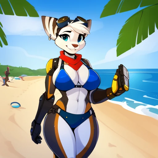 furry, rivetlombax, blue eyes, animal ears, earrings, goggles on head, bangs, mechanical arms, scarf tail, smile, large breasts, by usnarbit, by inu-sama, by wolfy-nail, detailed fur, wide hips, (she has fine breastikini, outside beach, bikini skirt, beach, sunny, shiny fur, detailed fur, 1girl, solo,