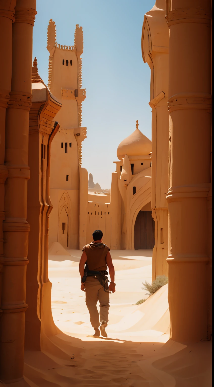 Man walking through a deserted sand city, camel, windy, everything is made of sand