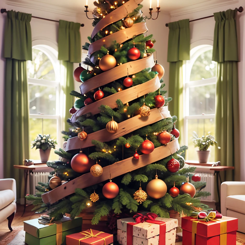 "A stunning Christmas tree, majestically adorned and perfectly symmetrical, stands in an illuminated setting. Each branch is meticulously decorated with an array of shimmering ornaments, from tiny sparkling baubles to delicate golden ribbons elegantly hanging. The twinkling lights are layered, emitting a soft and warm glow throughout the tree, creating a spectacle of vibrant colors and dazzling reflections. Beneath the tree, finely wrapped presents are arranged, adding a touch of festive anticipation. The surrounding environment might be cozy, with a crackling fireplace in the background and gentle reflections of Christmas lights in the windows, evoking a warm and magical atmosphere." --auto --s2