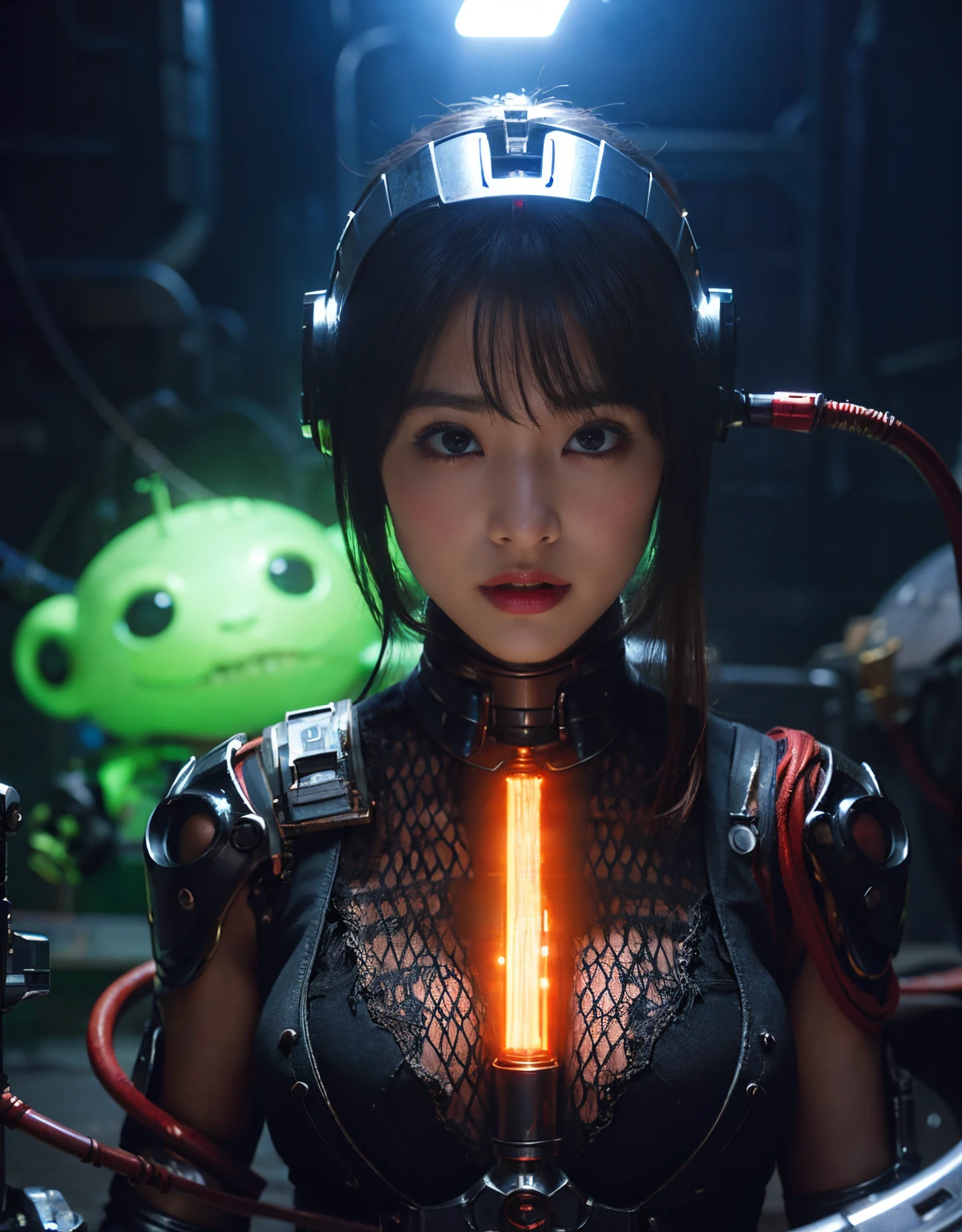 (1 mechanical girl and 1 alien)、(Mystical expression)、top-quality、masterpiece、超A high resolution、(Photorealsitic:1.4)、Raw photo、1人、glowy skin、(((1 Mechanical Girl)))、(Red Metal Bodysuit)、(Natural alien background to fight aliens)、(Small LED)、((super realistic details))、vertical giant monster background),globalillumination、Shadow、octan render、8K、ultrasharp、Robot background、Colossal tits、Raw skin exposed in the cleavage、red metal、Details of complex ornaments、Japan details、highly intricate detail、Realistic light、(Mystical expression),CG Society Trenlow Eyes、Eyes shining towards the camera、Mechanical marginal blood vessels connected to neon detail tubes)、(Wires and cables connecting to the head)、Small LED、,Mechanical thighs、Toostock、(Hands are also made of machines)、机器人、future alien、Please wear a mechanical helmet、