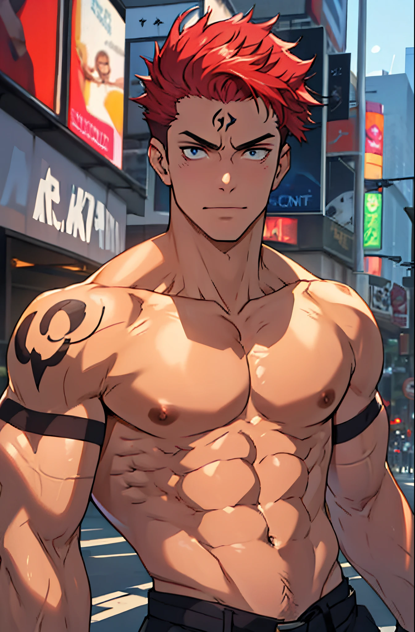 A mais alta qualidade, 8K, image high resolution, Detailed strokes, no meio de uma avenida movimentada estilo Times Square, muito sol, 夏天 , muito calor, apoiado em um dos postes, adolecente, Red Hair, no shirt  , masculo, swollen chest  , suado, (Angulo de Baixo), (Angulo Perto) , musculos amostra,  pernas definidas, defined arms, abdomen definido, no shirt, corpo suado por causa do calor, lindos corpo musculoso e definido