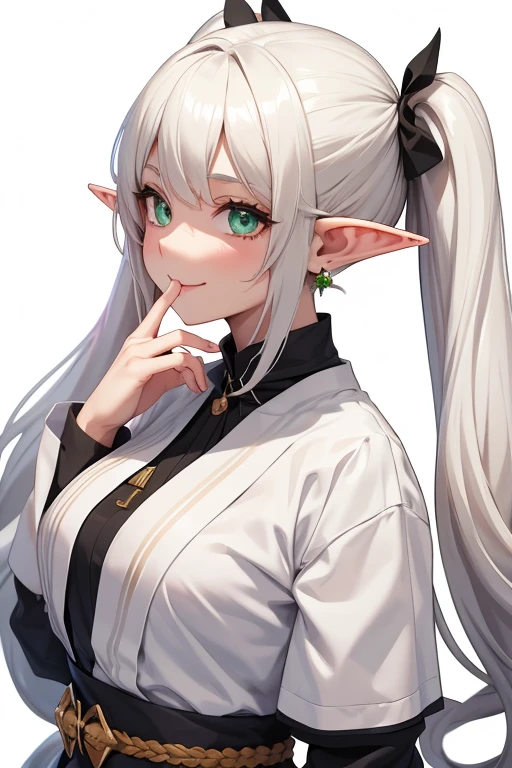 1girl, {{{frieren,o3o }}}, sousou no frieren, tone, shadow, hidari_(left_side), wada arco, hiro_(dismaless), shirabi, dynamic angle, kiss, blowing kiss, earrings, elf, green eyes, jewelry, long hair, looking at viewer, pointy ears, smile, twintails, upper body, white hair, white background, best quality, amazing quality, very aesthetic, absurdres