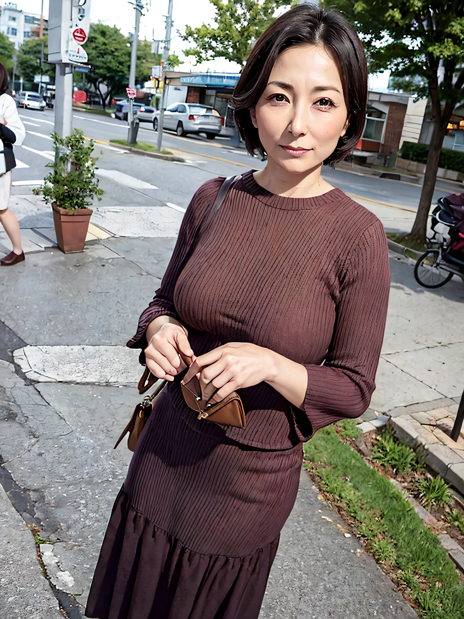 women in knits and skirts, Waiting for me on the sidewalk in front of the park, with handbag, .45 years old. A woman similar to Hitomi Kuroki, Has big breasts of J cup. .Bewitching look.Short hair,Dress in a relaxed atmosphere,staring directly at camera