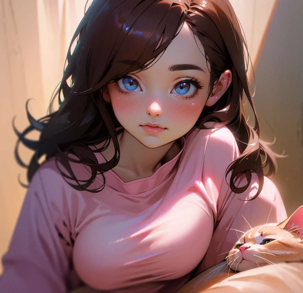 (best quality, highres:1.2), (realistic, photorealistic:1.37), portrait, beautiful detailed eyes, shiny big breasts, rosy mouth, modern big eyes, dark brown hair, wink, pink cat shirt, bright lighting