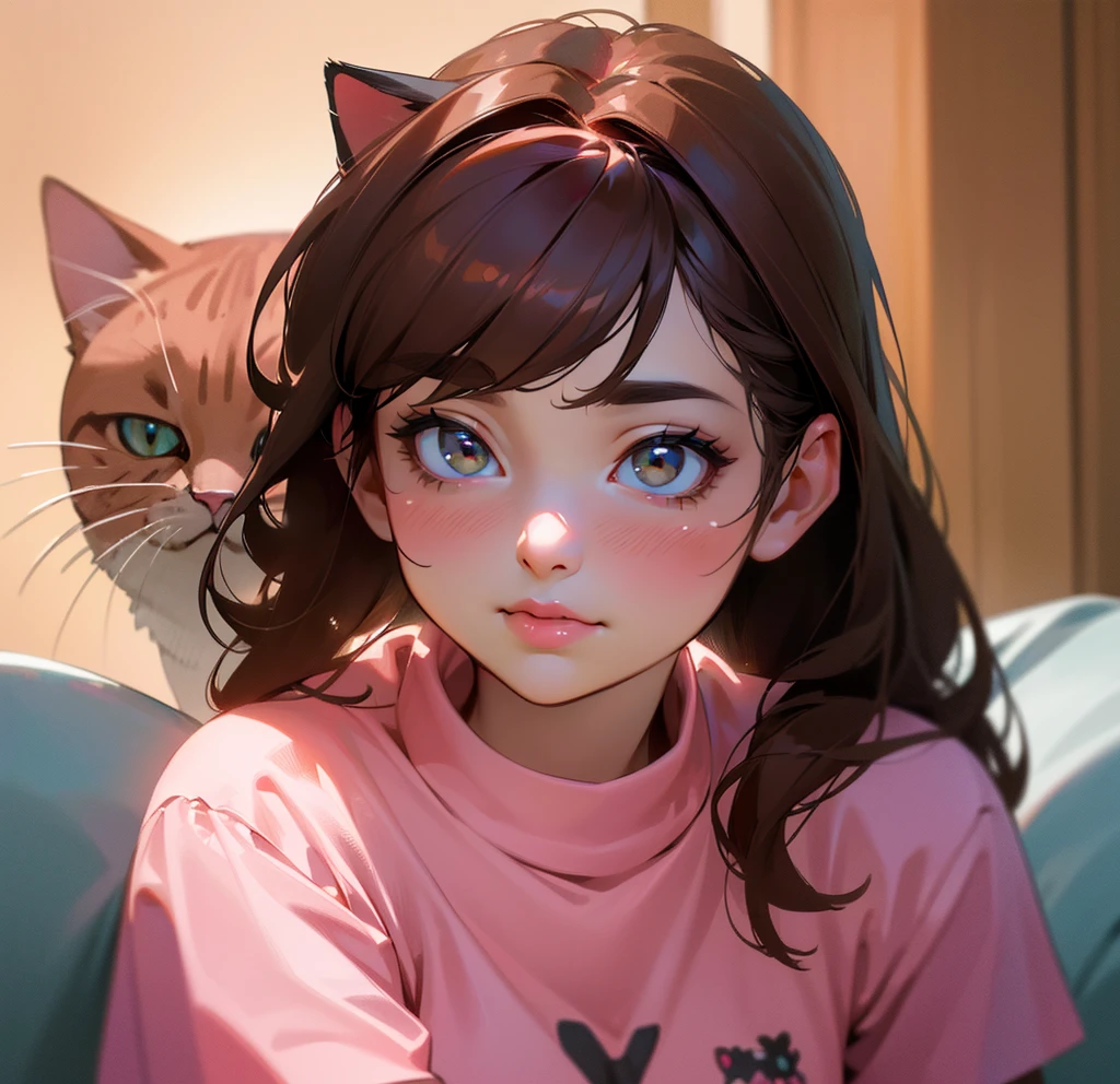 (best quality, highres:1.2), (realistic, photorealistic:1.37), portrait, beautiful detailed eyes, shiny big breasts, rosy mouth, modern big eyes, dark brown hair, wink, pink cat shirt, bright lighting