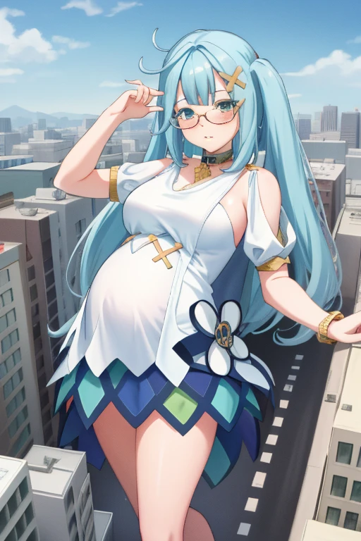 Giant maiden，Moe two-dimensional style，Pregnancy status，Round belly，Gaze at the bustling city, Looking at viewer, Blush, Pout, Tsundere, Lying down, Burp, Glasses, Full body