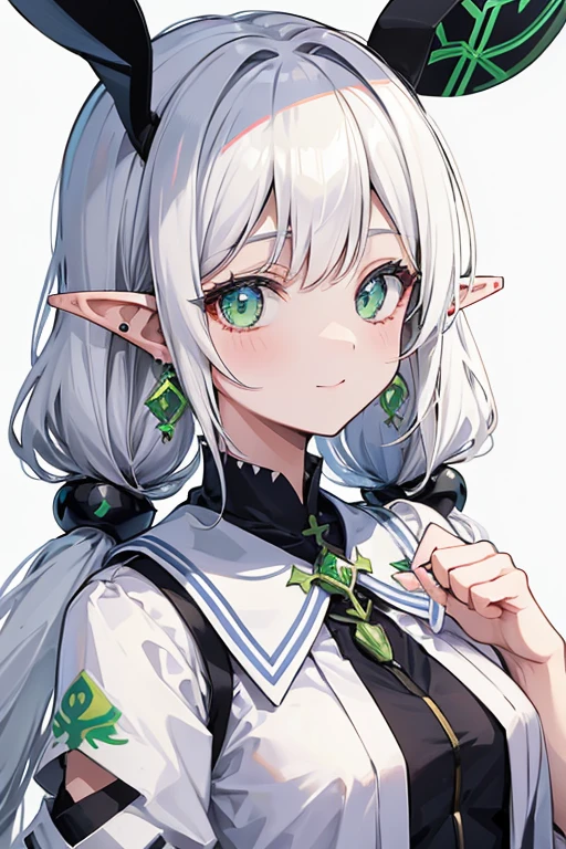 1girl, {{{frieren,o3o }}}, sousou no frieren, tone, shadow, hidari_(left_side), wada arco, hiro_(dismaless), shirabi, dynamic angle, kiss, blowing kiss, earrings, elf, green eyes, jewelry, long hair, looking at viewer, pointy ears, smile, twintails, upper body, white hair, white background, best quality, amazing quality, very aesthetic, absurdres