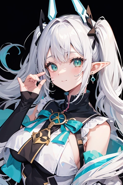 1girl, {{{frieren,o3o }}}, sousou no frieren, tone, shadow, hidari_(left_side), wada arco, hiro_(dismaless), shirabi, dynamic angle, kiss, blowing kiss, earrings, elf, green eyes, jewelry, long hair, looking at viewer, pointy ears, smile, twintails, upper body, white hair, white background, best quality, amazing quality, very aesthetic, absurdres